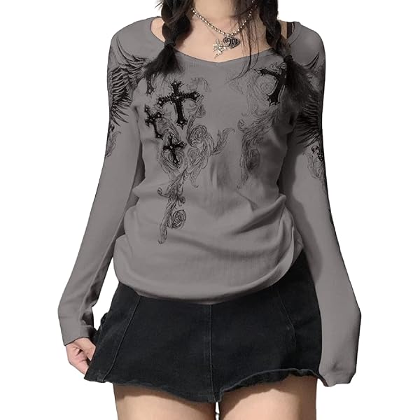超希少 00s fairygrunge vintage y2k 編み上げ ロンt Y2K Women Vintage Graphic Fairy Grunge Tops Crewneck Long