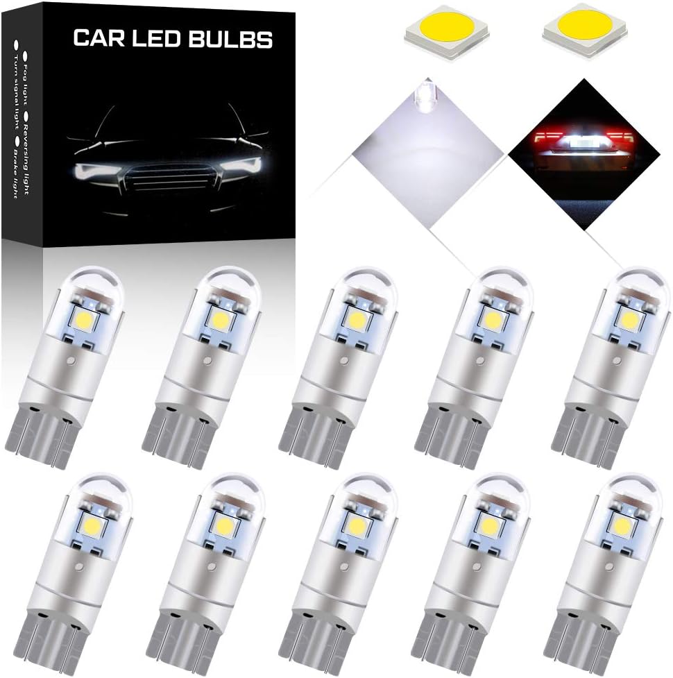 10pcs White T10 LED Bulbs W5W 194 168 LED Bulb Car Interior Exterior Lights 3030 LED 3SMD for License Plate Light Dome Reading Door Trunk Wedge Side Dashboard Light