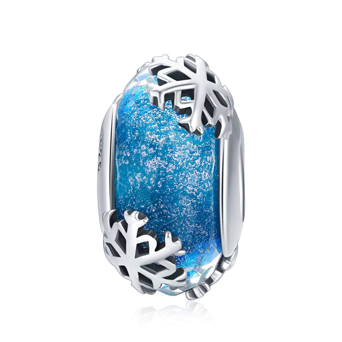 Murano Glass Bead Sterling Silver Core Charms For Pandora Charm Bracelets (Blue Snowflakes Charms)