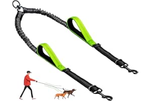 LEOSASA Double Dog Leash - No Tangle Splitter for Two Dogs, Coupler with Adjustable Long Lead Rope, Dual Control Handles, Retractable No Pull Bungee, Walk Train Small Medium Large 2 Pets (Green)