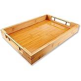 Muulaii Bamboo Wood Serving Tray with Gold Polished Metal Handles, Decorative Tray Platter Coffee Table Tray Rectangular Wooden Breakfast Tray for Ottoman, Kitchen, Bedroom, Lap &Couch - 15x10.4 Inch