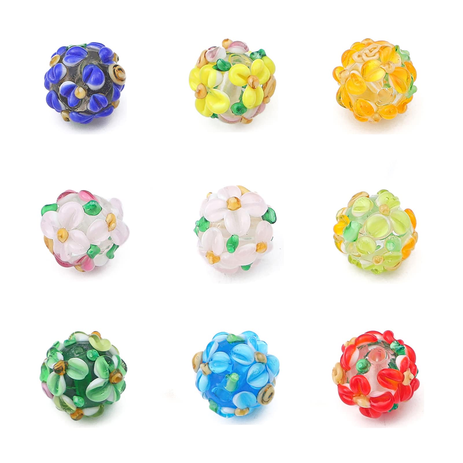 18pcs Bumpy Lampwork Glass Beads 12mm Handmade Loose Spacer Beads Rondelle Round with Flower 9 Colors for DIY Necklace Bracelet Jewelry Making Hole: 1mm