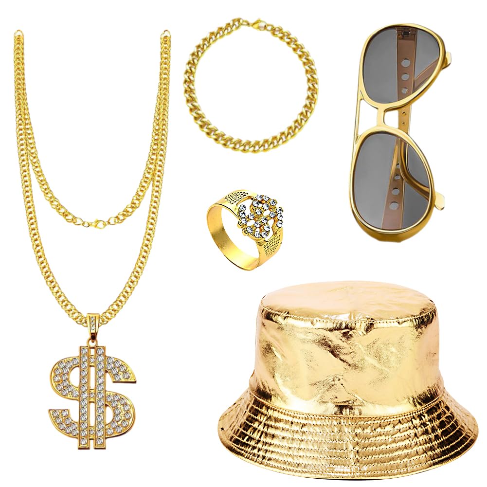 5PCS Golden Hip Hop Costume Set,Dollar Necklace,Gold Retro Sunglasses,Golden Bracelet,Gold Vintage Fisherman's Hat,80s 90s Hip Hop Fancy Dress Accessories for Women Men Party Supplies
