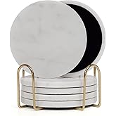 YONGHEE Carrara White Marble Coasters Set of 6 with Holder, Elegant Modern Round White Marble Drink Coasters for Coffee Table Decor, Semi Absorbent Stone Coaster for Drinks, Velvet Backed