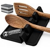 Spoon Rest for Stove Top, Silicone Spoon Holder for Kitchen Counter, Heat Resistant Drip Pad, BPA Free, Non-Slip, 4 Slots, Includes 2 Bonus Sponges (Black)