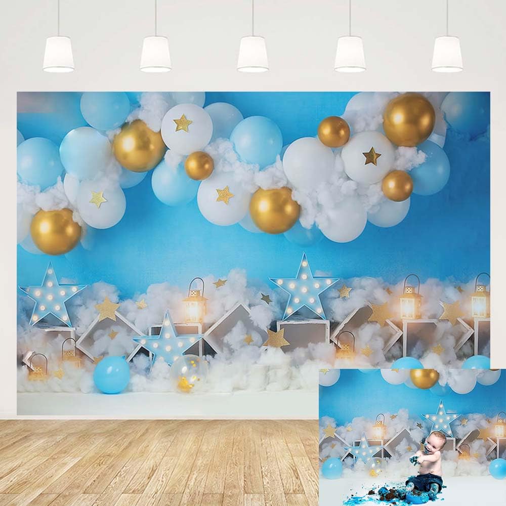 MEHOFOND 7x5ft Boy Birthday Backdrop for Photos Newborn Photography Props White Cloud Balloon Star Blue Background Decor Cake Smash Kids Party Banner Photoshoot Studio Booth