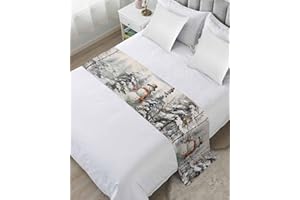 RisQiten Christmas Bed Runners for Queen Size Bed, Decorative Bed Runner Scarve, Watercolor Snowman Winter Snowflake Xmas Forest Tree Bed Throws for Foot of Bed, Bedding Slipcover for Bedroom