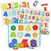 GRINNNIE Wooden Montessori Toddler Puzzles for 3 4 5 Years Old, 3 Pcs (Number, Letter, Shape) Kids Preschool Educational Peg