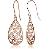Hoops & Loops 925 Sterling Silver Teardrop Floral Filigree Design Dangle Hook Earrings for Women, Silver, Yellow and Rose Gold Flashed Sterling Silver