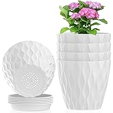 Meowell 6 inch Flower Pots, 5 Pack Plant Pots for Indoor Outdoor Plants, Water Ripples Plastic Planters with Drainage Holes and Saucers, Nursery Pots for Small Succulent Garden House Plants, White