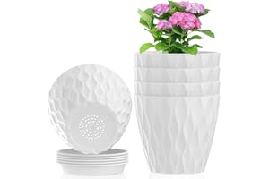 Meowell 4 inch Small Plastic Nursery Pots, 5 Pack Water Ripples Plant Pots for Indoor Plants, Flower Pots with Drainage Holes and Saucers, Seedling Starter Planters for Succulent Plants, White