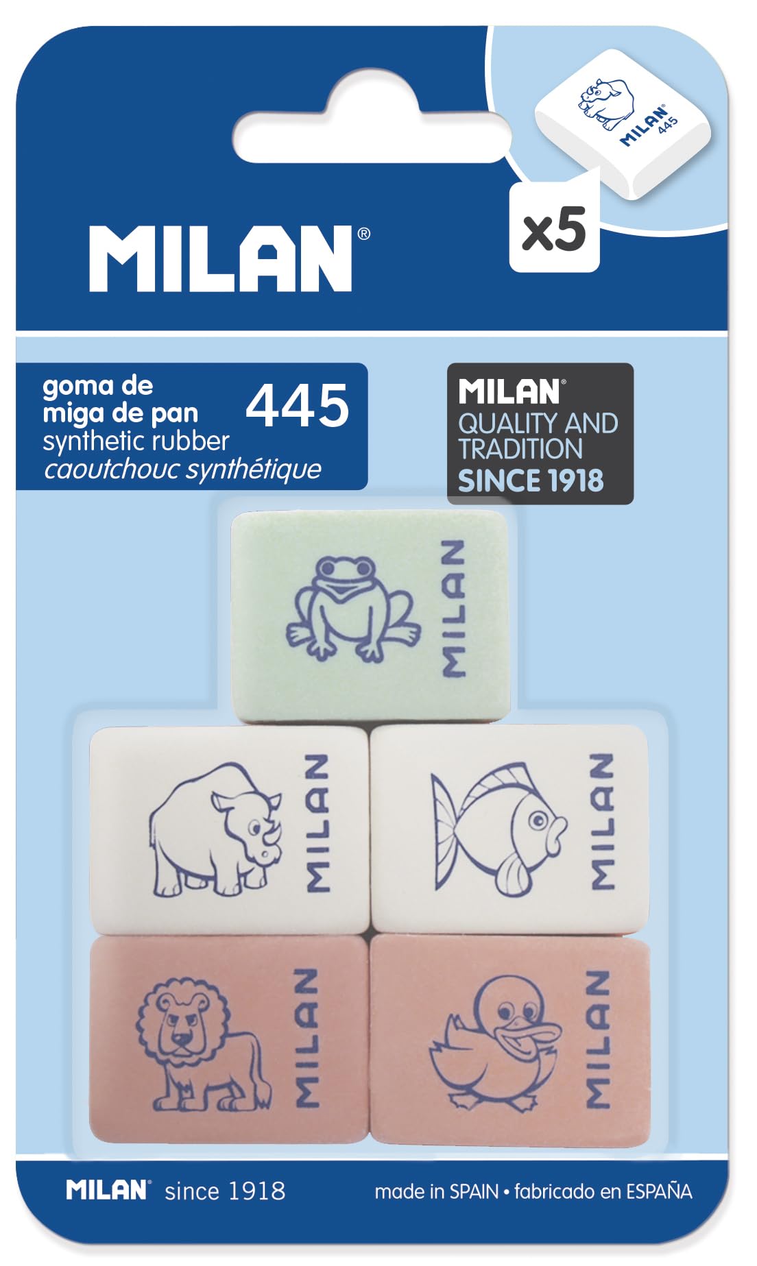 Milan BMM9222 - Pack of 5 rubber flexible rubber erasers, assorted figurines model