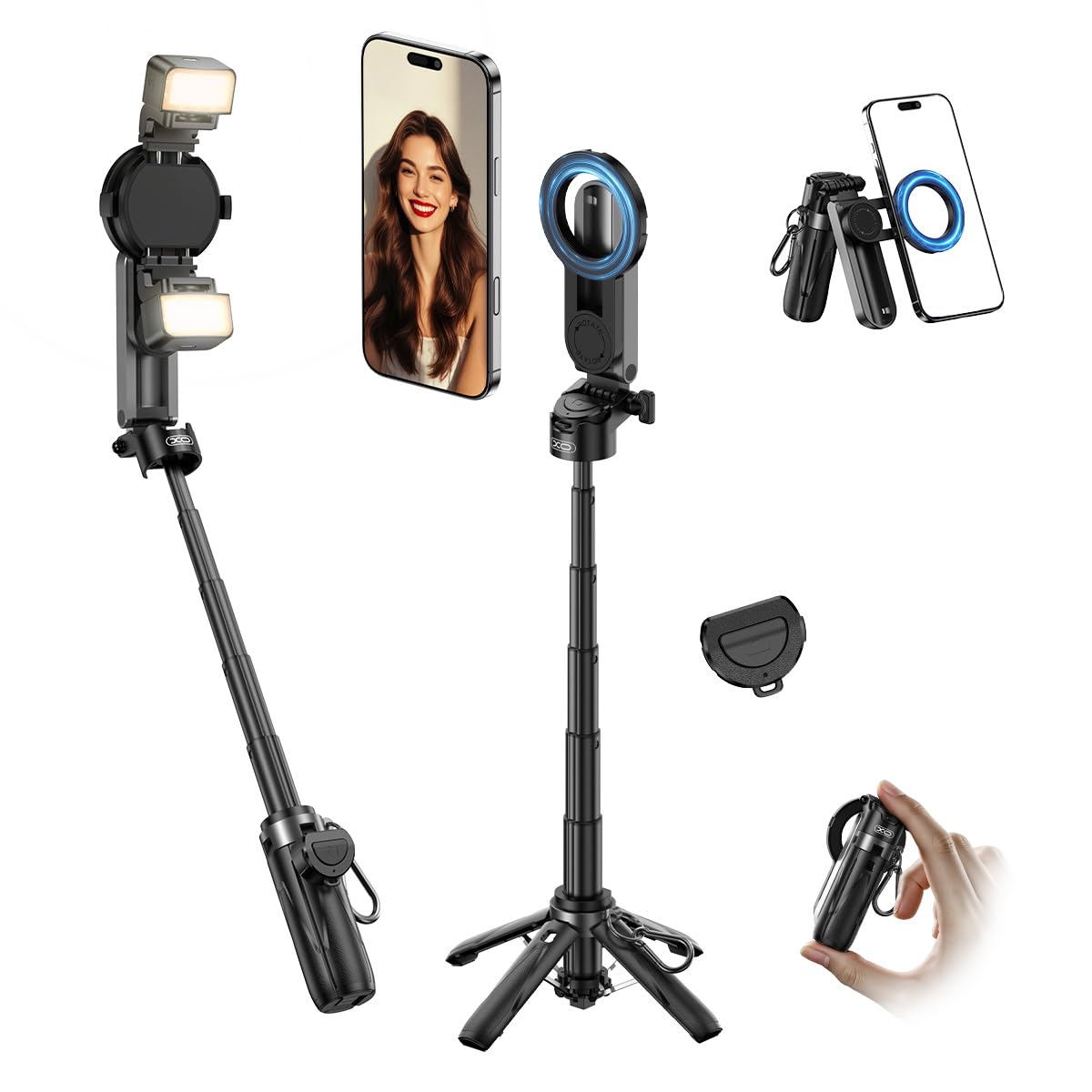 Photo 1 of Magnetic Mini Phone Selfie Stick with 2 Fill Light, 360° Rotation Portable Phone Travel Tripod with Remote Control,Magnetic Chuck ? Clip Selfie Stick for iPhone Android TIK Tok/Live/Video Recording