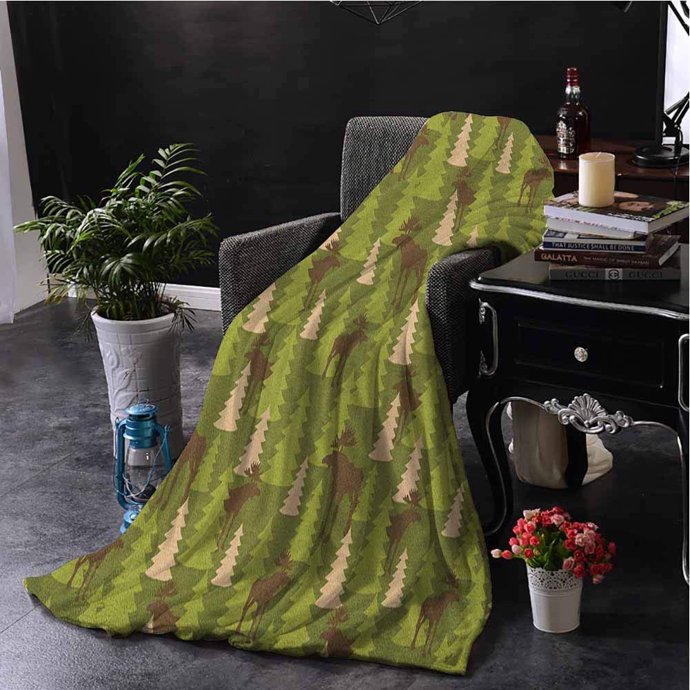 Luoiaax Deer Bedding Fleece Blanket Queen Size Animals in The Forrest Mooses and Pine Trees Pattern Canada Foliage Mammal Design Queen Size Blanket Soft Warm W70 x L93 Inch Green Tan Brown