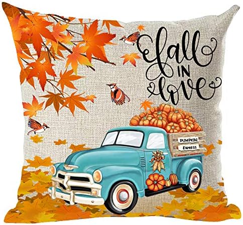 Ramirar Fall in Love Blue Pickup Truck Orange Pumpkins Maple Leaves Birds Autumn Y'all Decorative Throw Pillow Cover Case Home Living Room Bed Sofa Car Cotton Linen Square 18 x 18 Inches