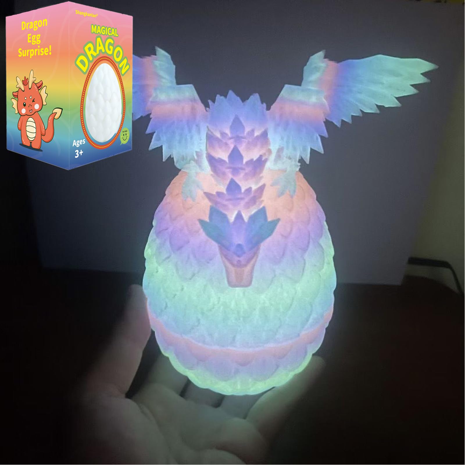 Shangkanlan 3D Printed Dragon in Egg - Fully Articulated Crystal Figurine for Christmas Easter Birthdays, Executive Desk Decor (Luminous rainbow)