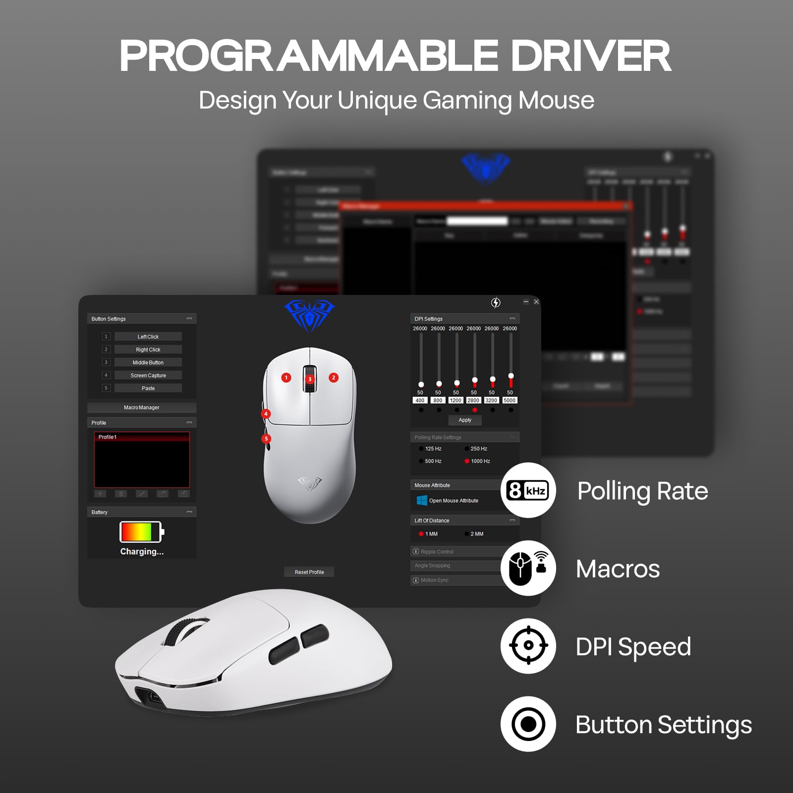 EPOMAKER Aula SC800 Wireless Gaming Mouse, 37g Lightweight, Adjustable 26,000 DPI, 8k Polling Rate, PAW3395, Programmable Buttons, On-Board Memory, 250mAh Battery, PC/MAC/Linux (White)