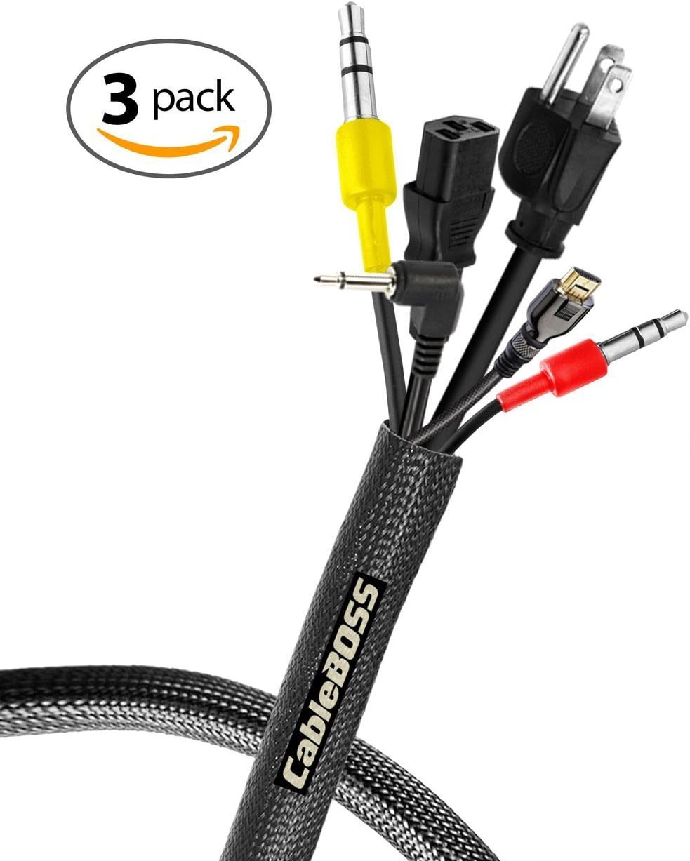 SALE ENDS 1/31! - CableBoss PREMIUM Cable Management Sleeve - Wrap, Organize, Protect Cords - Adjustable 20" Black - Flexible - Velcro Cord Organizer - 3 PACK