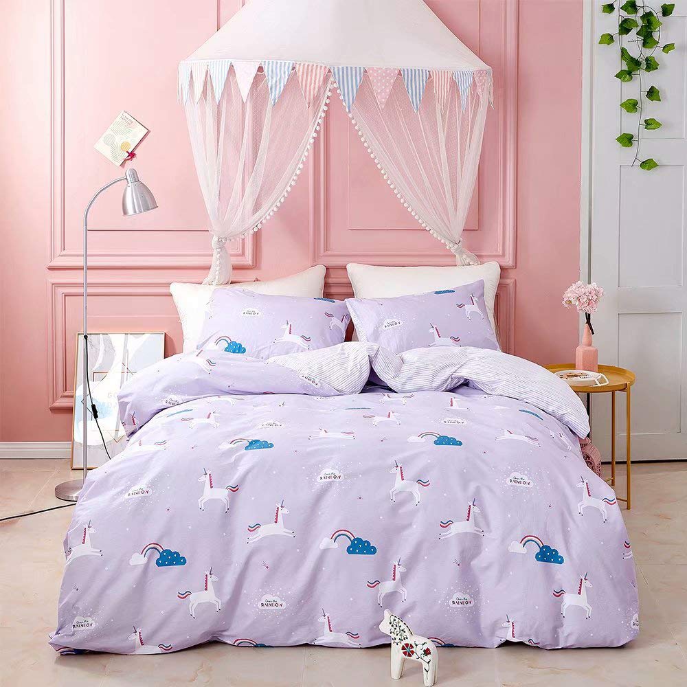 Cottonight Unicorn Duvet Cover Queen Kids Bedding Set for Girls Purple Cartoon Rainbow Comforter Cover Cotton Reversible Striped 3 Piece Cute Pattern Bedding Collection for Toddler Teens No Insert