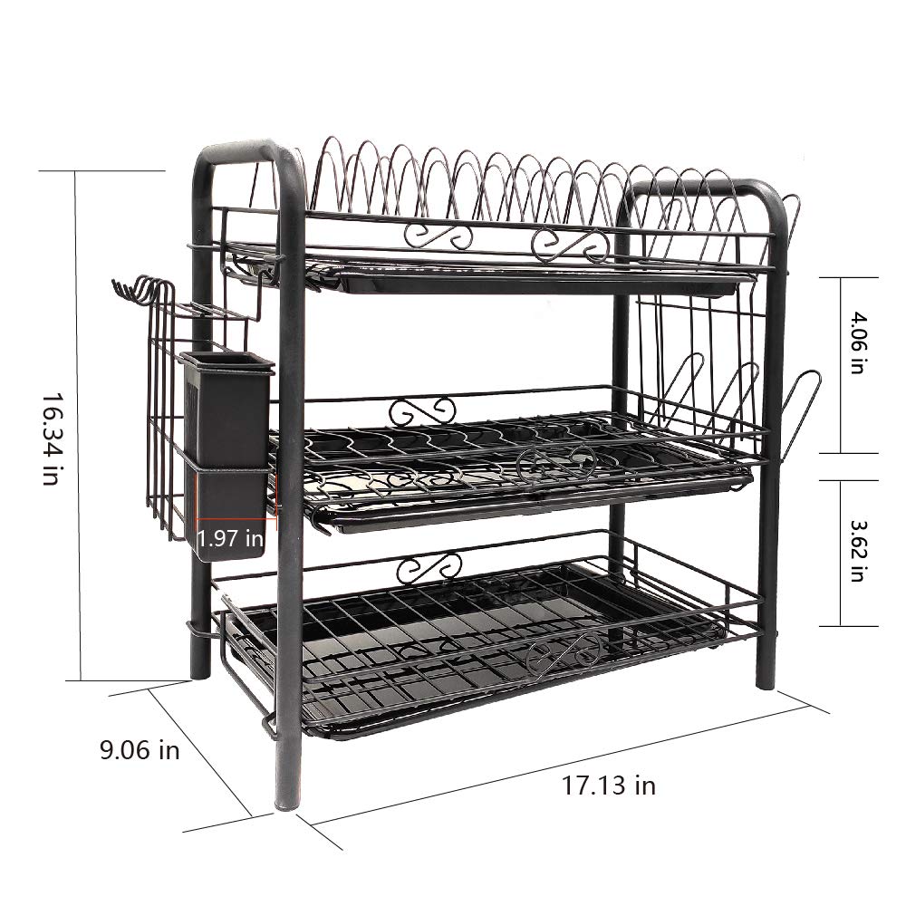 Dish Drying Rack 3-Tier Chrome Plating Dish Rack Stainless Steel Kitchen Dish Drainer Rack Organizer Tool-Free Installation With Utensil Holder/Drain Board/Bracket 3 Layers (Black, 3 tier)