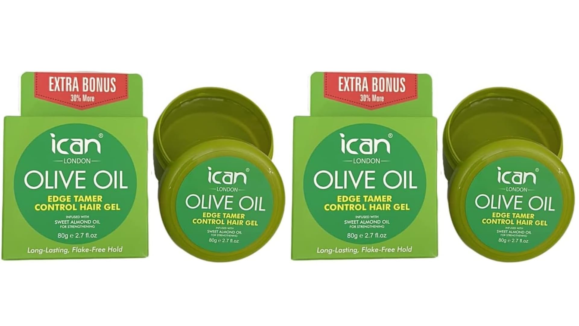 ican London Olive Oil Edge Control Hair Gel Infused With Sweet Almond Oil 2 x 80g