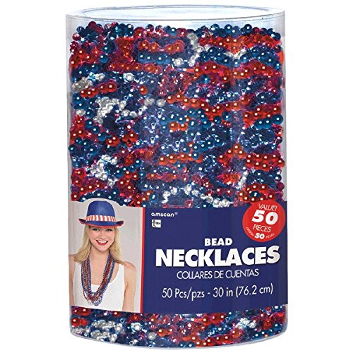 Amscan Bead Necklace (50 Piece), Red/Silver/Blue, 6 x 4.5"