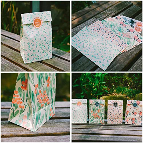 Floral Paper Gift Bags, 12pcs Party Favor Bags Vintage CandyTreat Bags with Thank You Stickers