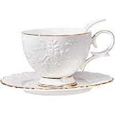 QEETOOHH Tea Cup and Saucer Set for 1, Ceramic, White, 6.8 Oz | Coffee Cup with Saucer and Spoon, Elegant Design, 3D relief patterns, Gold Trim, Protective Packaging, Ideal for Gift