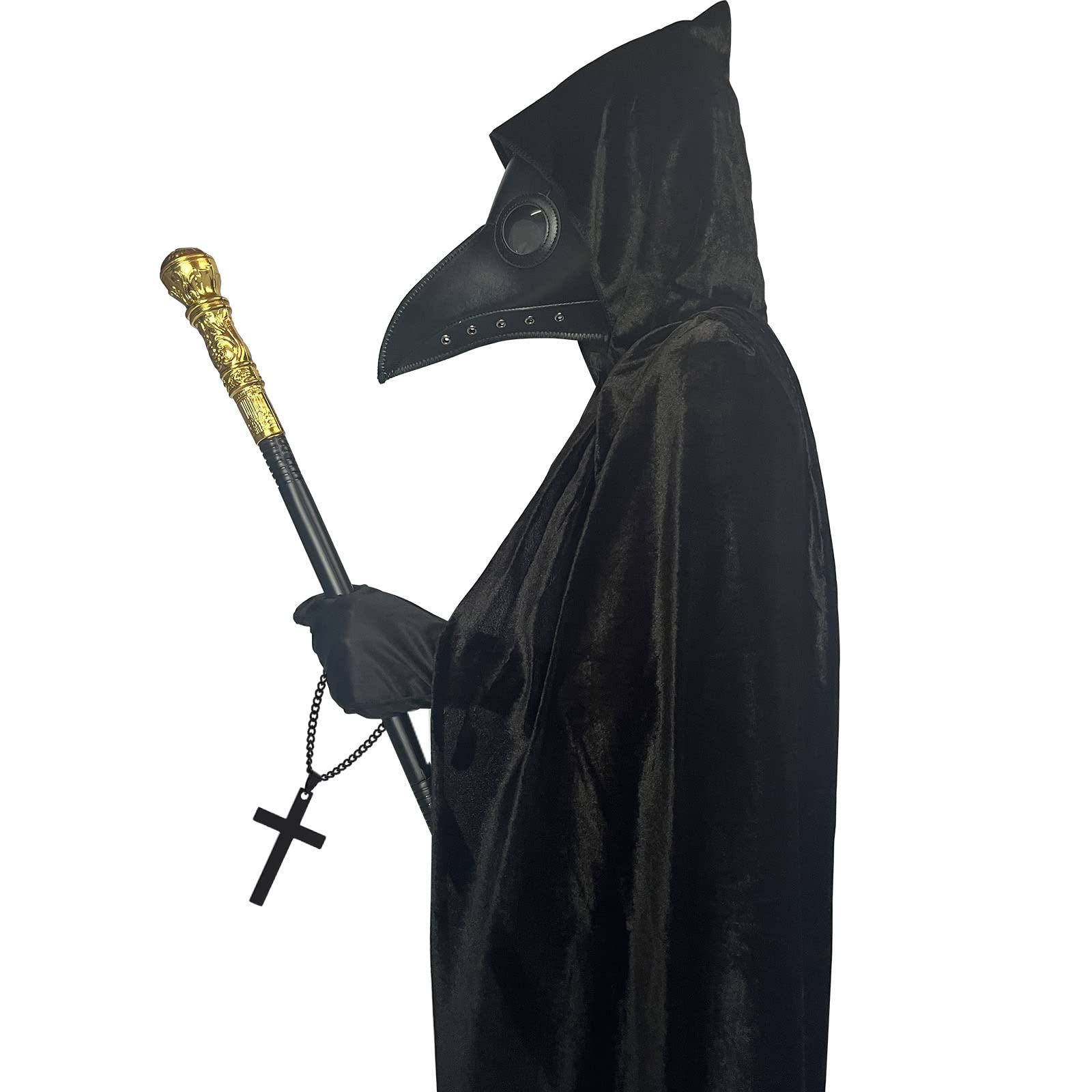 Halloween Plague Doctor Mask Costumes Set 5 in 1, Long Nose Beak Mask Hooded Cloak Scepter Cross Necklace Gloves for Halloween Costume Party