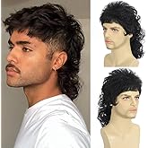 Sabosi Curly Mullet Wig Black Men Wigs 80s Male Halloween Costumes Punk Rocker Wig
