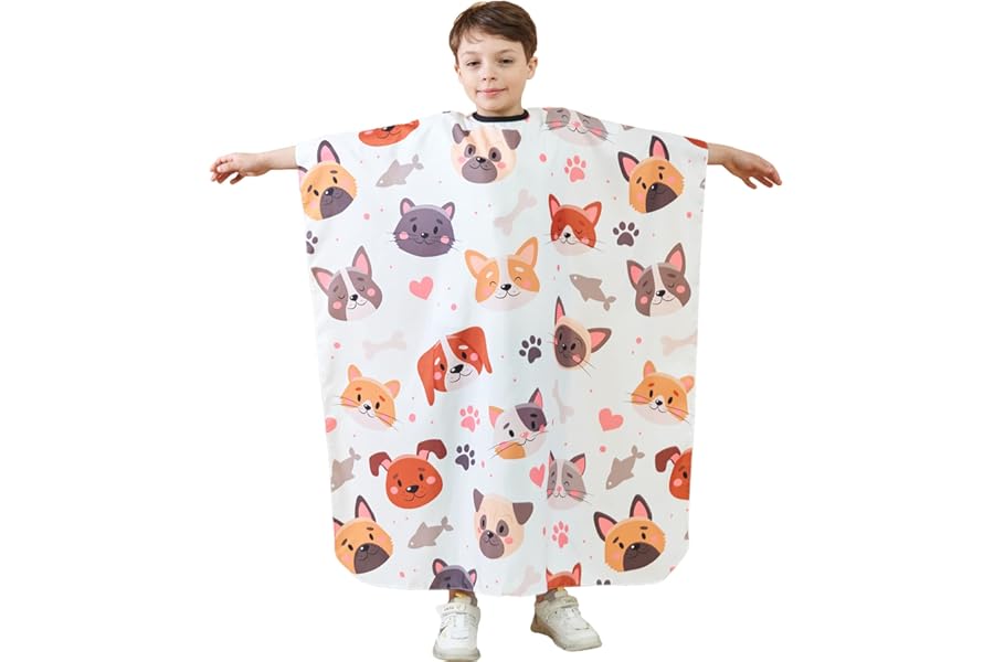 Iusmnur Barber Cape for Kids, Professional Hair Salon Cape with Adjustable Neck Strap, Shampoo Hair Cutting Cape for Salon and Home – 51 x 36 inches (Cartoon Dog & Cat Pattern)