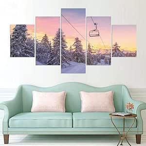 (size 1) Quadro su tela 5 pezzi/una montagna di neve e funivia per sci