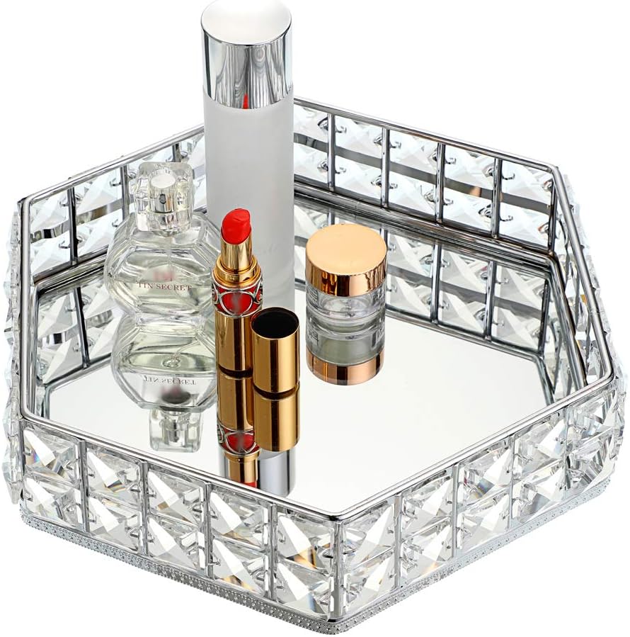 Amazon Com Hipiwe Mirrored Crystal Vanity Tray Ornate Hexagon Makeup Tray Jewelry Trinket Tray Dresser Perfume Tray Bathroom Storage Tray Cosmetic Organizer Tray Home Decorative Tray Home Kitchen