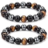 ZZ ZINFANDEL 2Pcs Anti Anxiety Obsidian Bracelets for Women Men Lymphatic Drainage Hemios Hematite Elastic Bangles Sets Yoga Beads Stress Relief Bracelets Anklet(C)