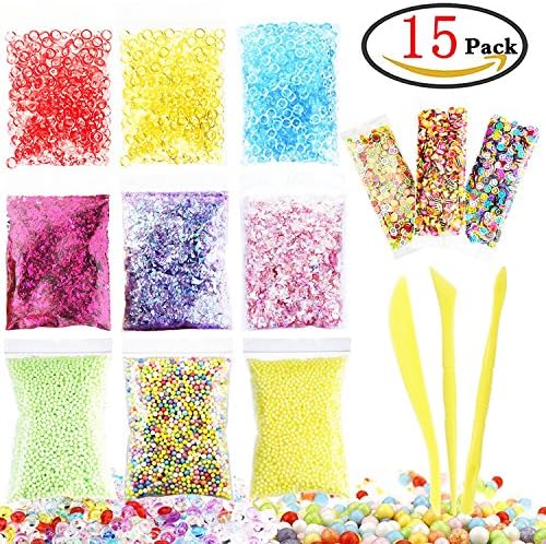 Huaing 15 Pack Slime Making Kits,Colorful Foam Beads,Fishbowl Beads,Fruit/Cake/Smile Face Slices Accessories,Bling-bling Glitter Paper Scraps DIY Art Craft for Slime Making and Home Decoration-By