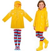 Girls Yellow Raincoat Blue Striped Knee High Socks, Kids Halloween Dress Up | Hooded Rain Jacket Blue Socks for Boys Girls Party Cosplay Accessory Set