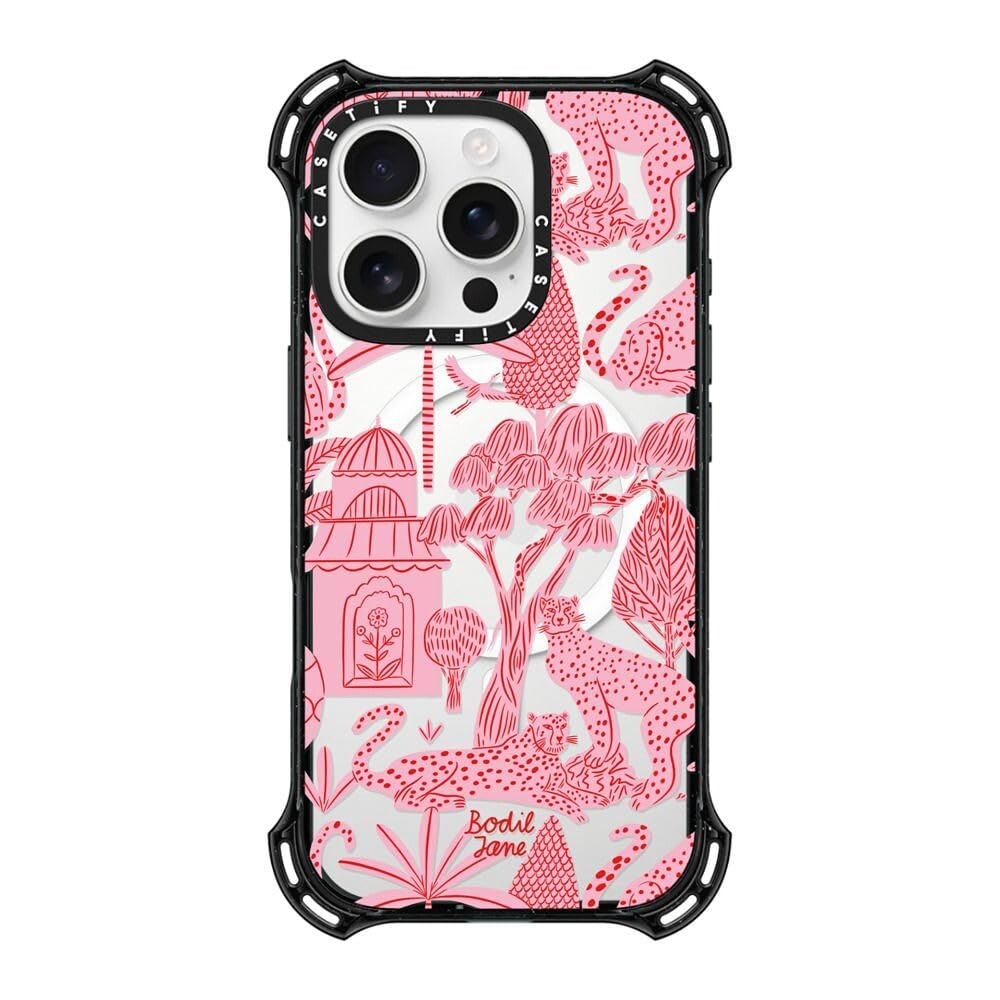 CASETiFY Bounce iPhone 16 Pro Case [Shockproof / 21.3ft. 6X Military Grade Drop Protection/Compatible with Magsafe] - Cheetah Paradise Pink - Clear Black