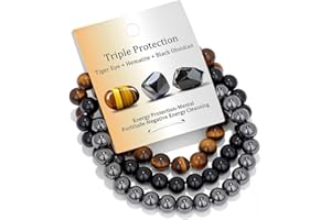 Vinswet Healing Crystal Bracelets for Women Men 8mm Tiger Eye Hematite Black Obsidian Natural Stone Beaded Stretch Bracelet Triple Protection Handmade Gemstone Reiki Spiritual Jewelry Gifts