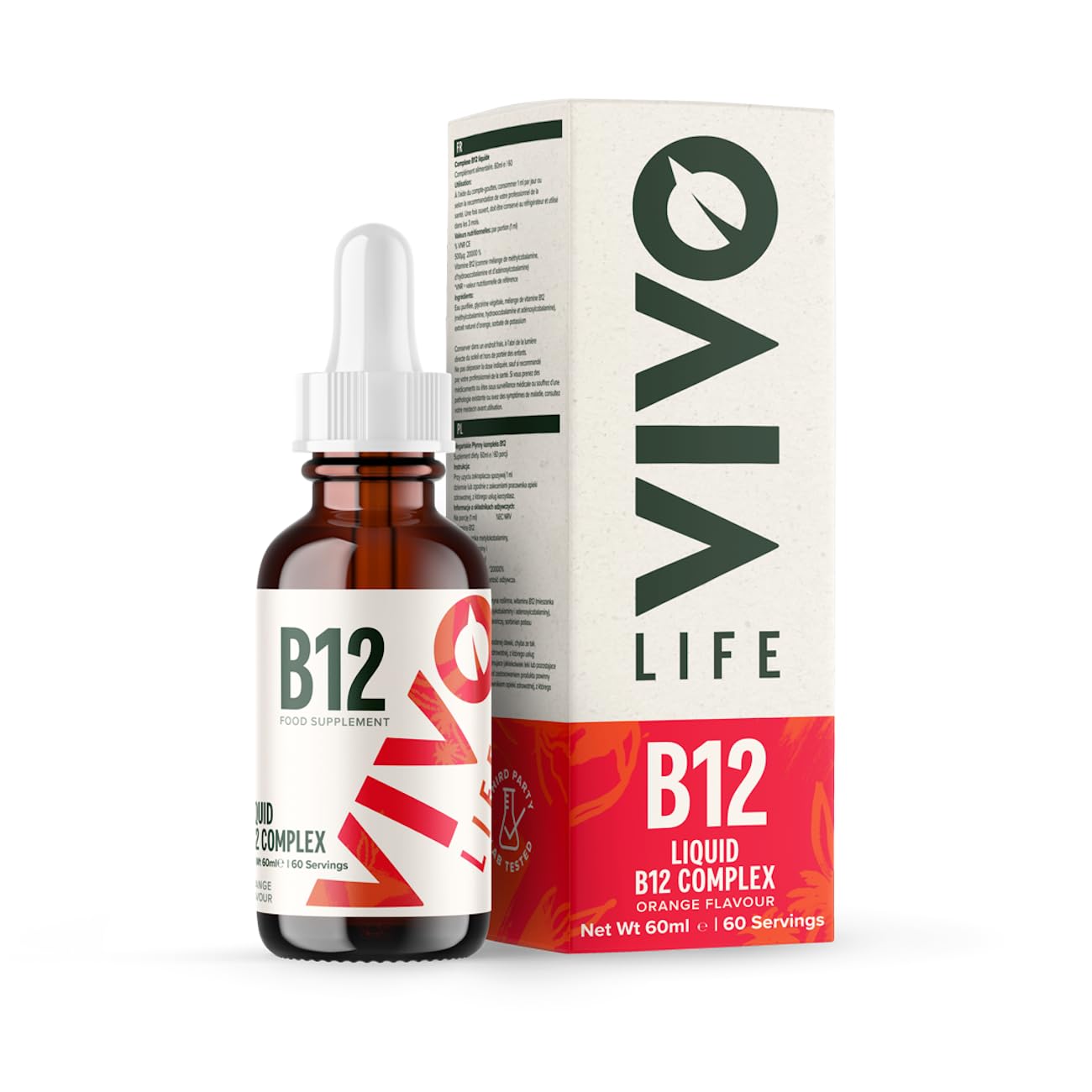Vivo Life Vitamin B12 Complex, High Potency Health Supplement, Orange Flavour Liquid Drops, 60ml, 60 Servings