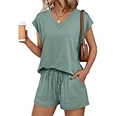 AUTOMET Women 2 Piece V Neck Matching Lounge Sets Clothing Spring Cap Sleeve Shirt and Shorts 2026 Summer Airport Outfit