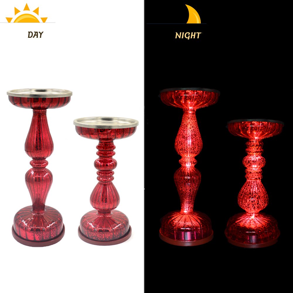 Dolucky Illuminated Mercury Glass Pedestal Pillar Candle Holder Set of 2 Red