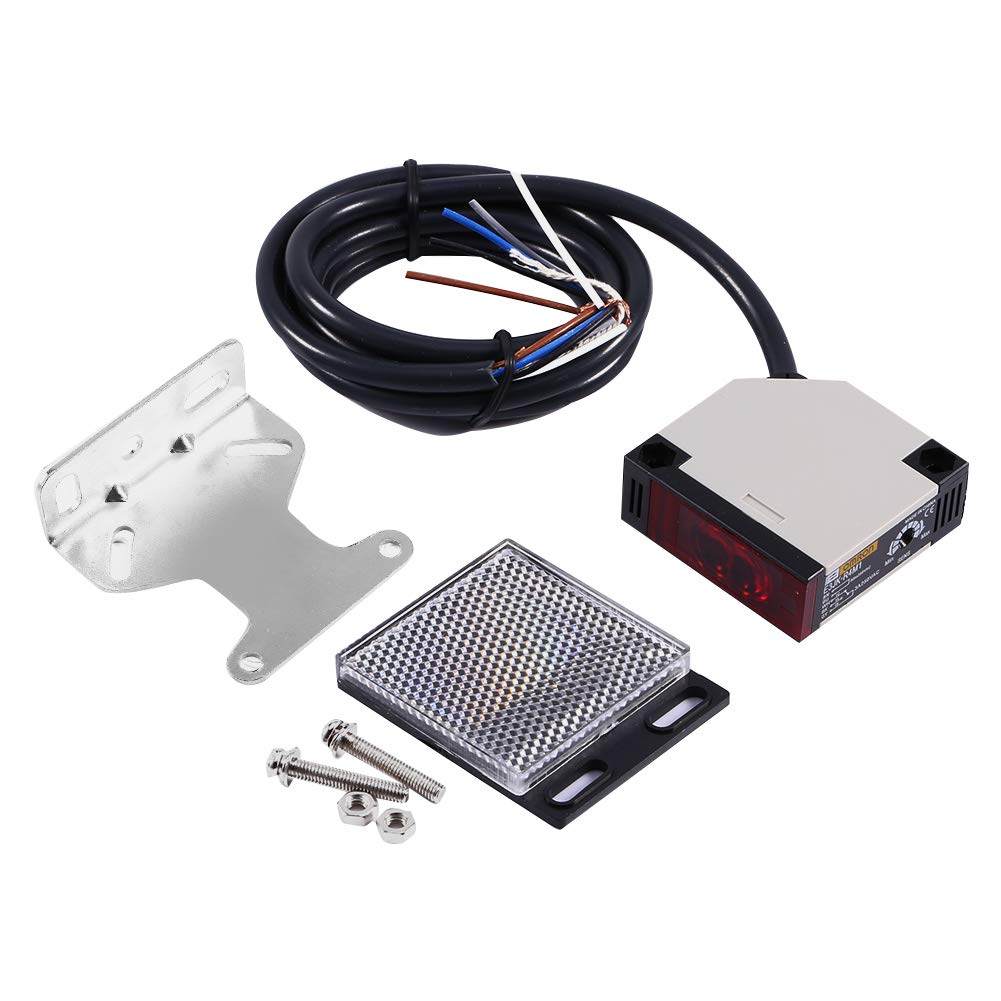 Photoelectric Sensor Switch, 90-250V AC 3A E3JK-R4M1 Specular Reflection Photoelectric Switch 5 Wire Retro-reflective Photoelectric Beam Sensor with Screws