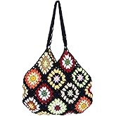 FREEBLOSS Crochet Beach Bags for Women Boho Knitted Tote Bag Soft Woven Purses Granny Square Shoulder Bag for Summer Vacation Women Knit Beach Bag