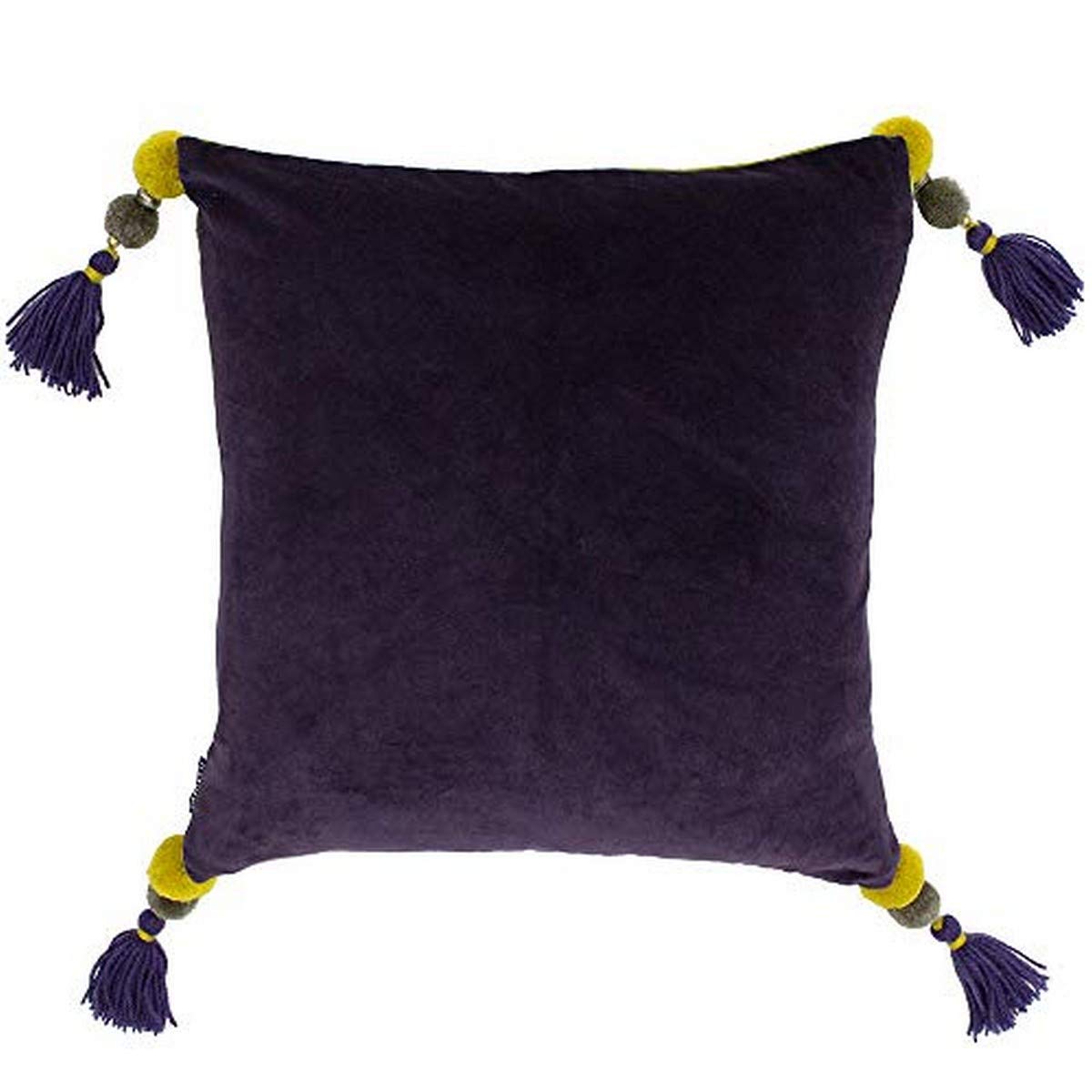 Riva Paoletti Poonam Polyester Filled Cushion - Damson Purple and Lemon Curry Yellow - Faux Velvet Fabric - Pompom Tassel Corners - Machine Washable - 100% Cotton - 45 x 45cm (18" x 18" inches)