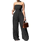 XYZDRESSOR Women Sexy Strapless Tube Backless Jumpsuit See Through V Neck Tie Pleated One Piece Wide Leg Long Pants Romper