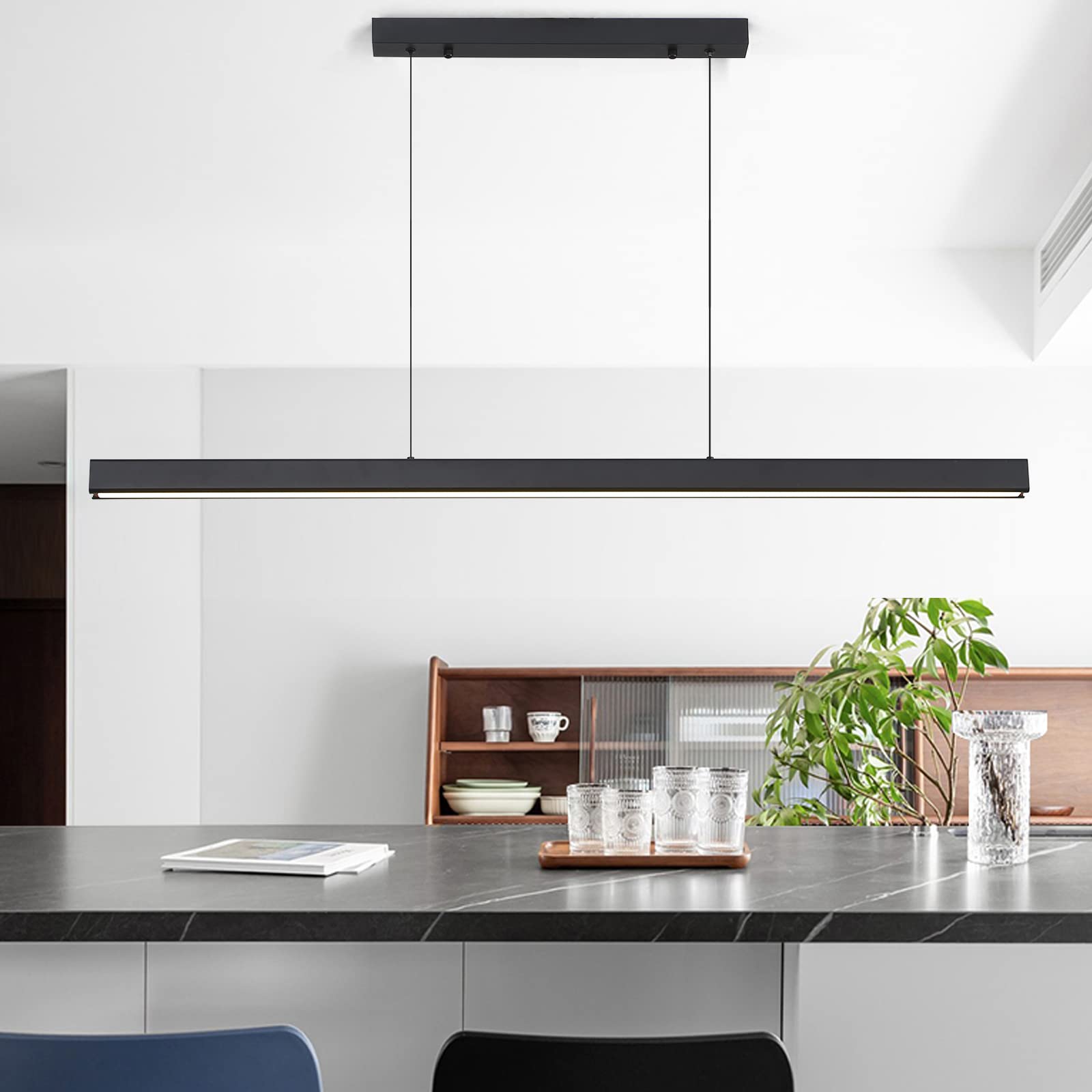 Photo 1 of 47" LED Linear Pendant Light Fixtures, 25W Dimmable Pool Table Light with Remote, Modern Island Lights for Kitchen Dining Room Living Room Office Bar, 3000k-6000k, Black