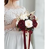 YSOJMAN Bride Bouquets for Wedding Burgundy Artificial Flowers Roses Tossing Bouquet for Bridesmaid for Wedding Ceremony Anniversary