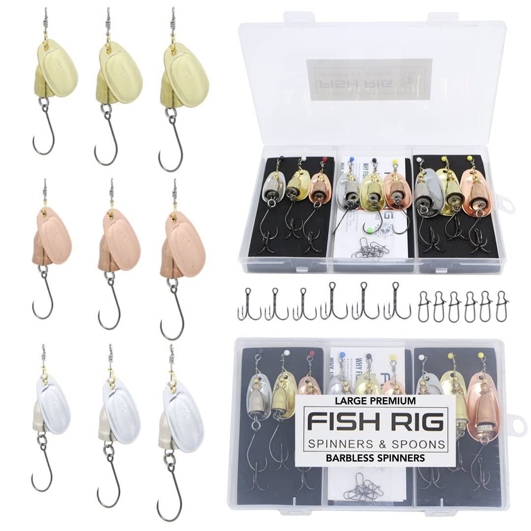 RIGGED & READY TRAVEL FISHING - Fish Rig Premium Spinners and Spoons - Barbless Fishing Lures Set – 4 Spinners, 100% Barbless - Classic Designs (Large - 9 Piece)