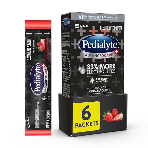 PEDIALYTE ADVANCEDCARE PLUS ELECTROLYTE POWDER, WITH 33% MORE ELECTROLYTES AND PREACTIV PREBIOTICS, STRAWBERRY FREEZE, HYDRATION DRINK POWDER PACKETS, 0.6 OZ, 6 COUNT
