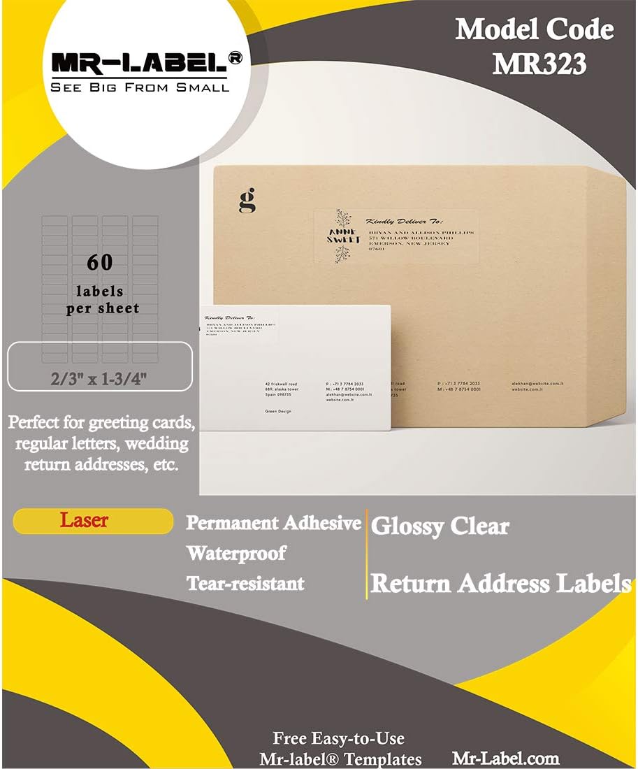 Mr-Label 2/3" x 1-3/4" Glossy Crystal Clear Return Address Labels - Waterproof and Tear-Resistant - for Laser Printer Only - Permanent Adhesive (600 Labels)
